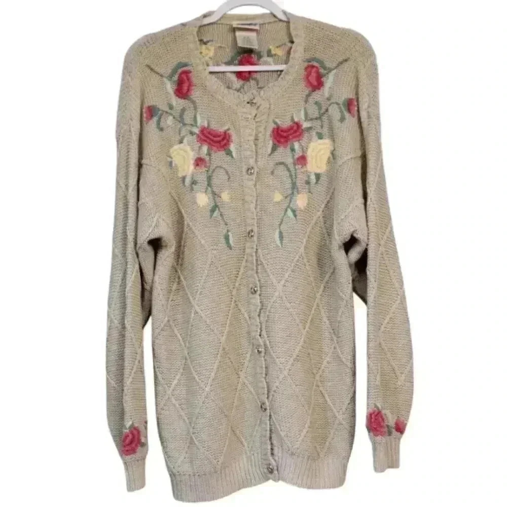 Vintage 90s Cardigan Sweater Oversized Medium Ramie Cotton Embroidered Floral